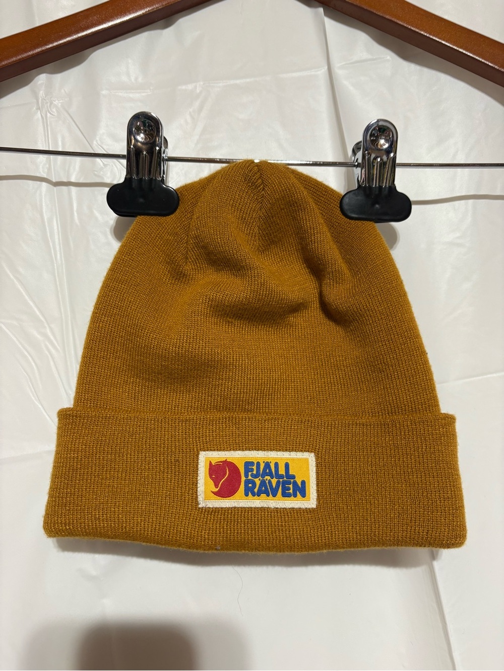 Fjallraven Mustard Knit Cuffed Beanie with Logo Patch